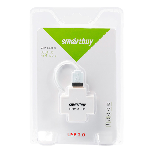 Хаб USB 2.0 Smartbuy 6900, 4 порта, SBHA-6900-W, белый
