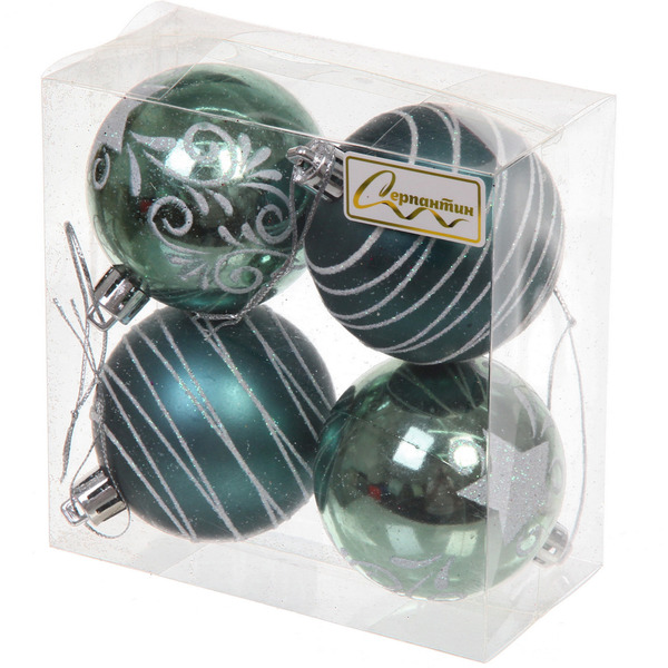 Новогодние шары 6 см (набор 4 шт) "Снежная дымка", Темный нефрит
