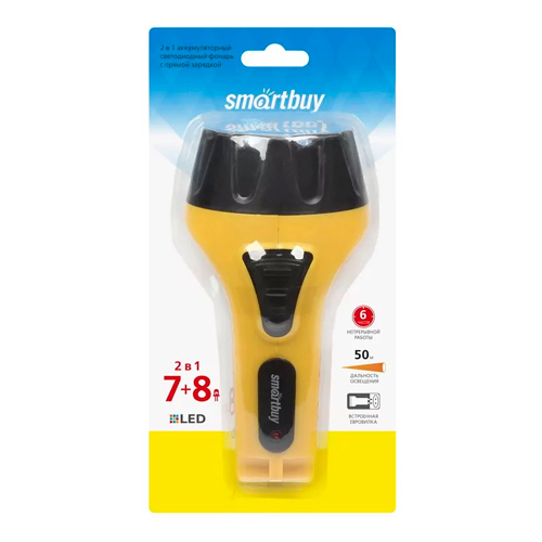 Аккумуляторный светодиодный фонарь 15+10 LED с прямой зарядкой Smartbuy, желтый (SBF-89-Y)/60