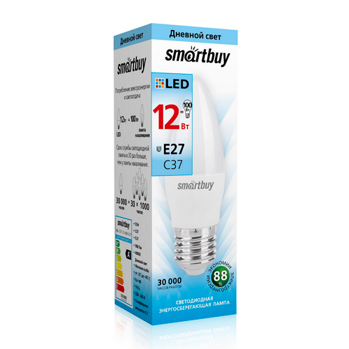 Лампочка светодиодная E27 12Вт 4000К Smartbuy свеча, 10/100