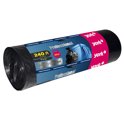 Мешки для мусора 240 л 10 шт 60 мкм, экстра прочные, строительные YORK, 1/8