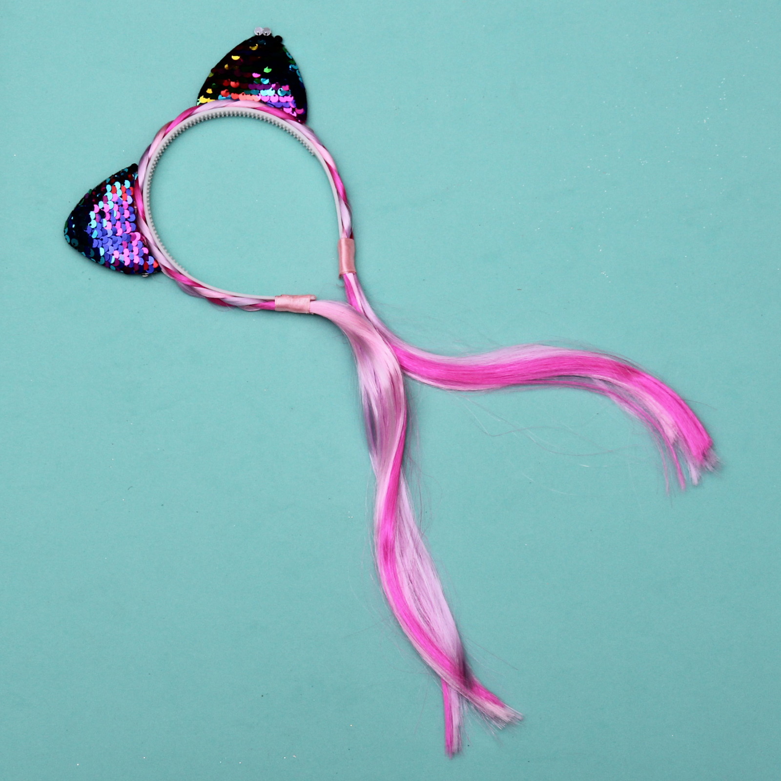 Ободок карнавальный с косой "Радужная кошка" 40 см, микс