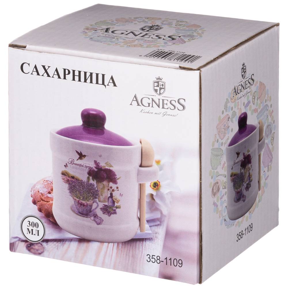 САХАРНИЦА С ЛОЖКОЙ AGNESS, ЛАВАНДОВАЯ ВЕСНА, 13*11*12 СМ 300 МЛ, КОР=36ШТ.