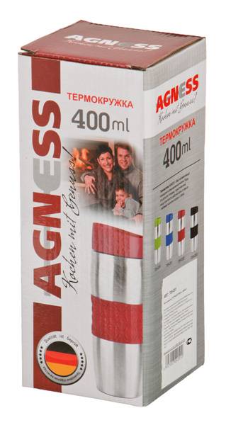 ТЕРМОКРУЖКА AGNESS 400 МЛ. С СИЛИКОНОВОЙ ВСТАВКОЙ И КНОПКОЙ-СТОППЕРОМ (КОР=24ШТ.)