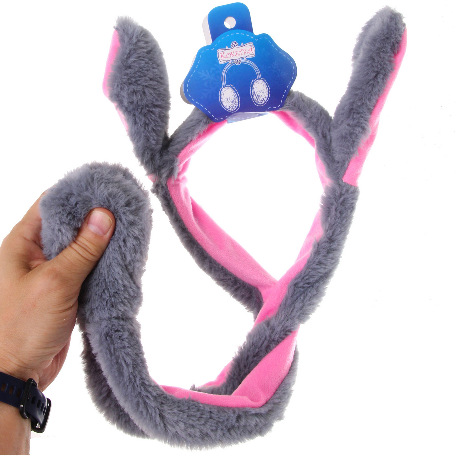 Наушники меховые светящиеся с двигающимися ушками "Salon Teplo ", зайка, цвет серый, ( подвес Ultramarine)