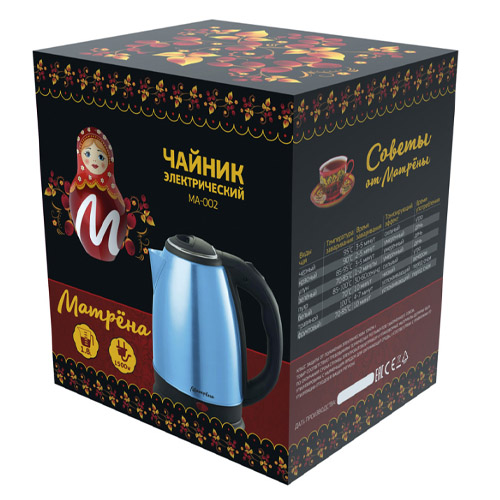 Чайник МАТРЁНА MA-002, электрический, 1,8 л, стальной, синий