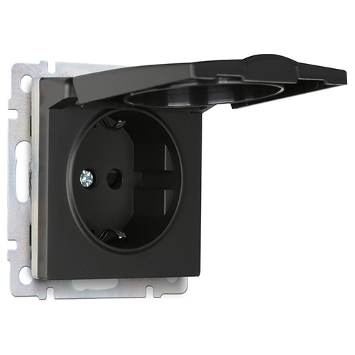 Розетка с заземлением и крышкой 16 А, черная "Нептун" (SBE-05b-16-S1-ZK)