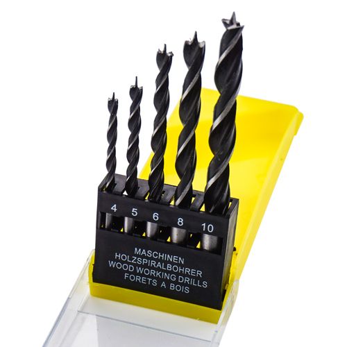 Набор сверл по дереву, 5шт, 4-5-6-8-10мм цилиндрический хвостовик Барракуда, пластиковый кейс, 1/200