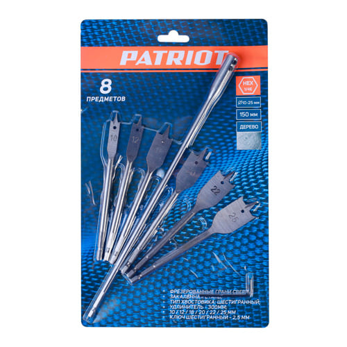 Набор сверел PATRIOT по дереву перовых 10-25 мм, удлиннитель 300 мм, в блистере, 8 предметов
