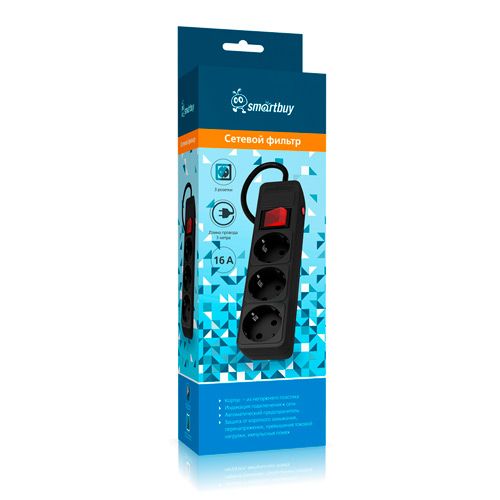 Сетевой фильтр 16А, 3500 Вт, 3 гнезда, без з/ш, с з/к, ПВС, 3 м, черный (SBSP-3-30-K)