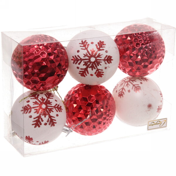 Набор шаров 8 см "Снежное сияние" (в наборе 6 шт), Красный/Белый