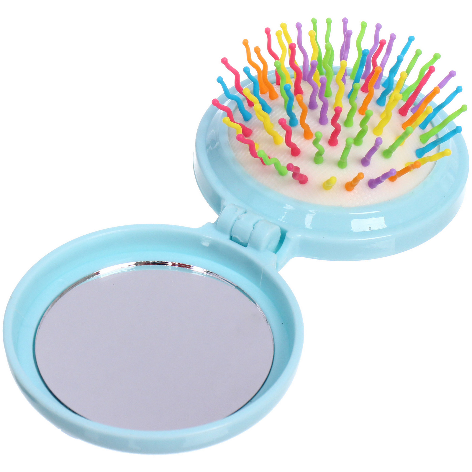 Расческа массажная детская складная "Barbariska", с зеркалом, цветочек - улыбашка, разноцветные зубчики, цвет голубой, d-7см