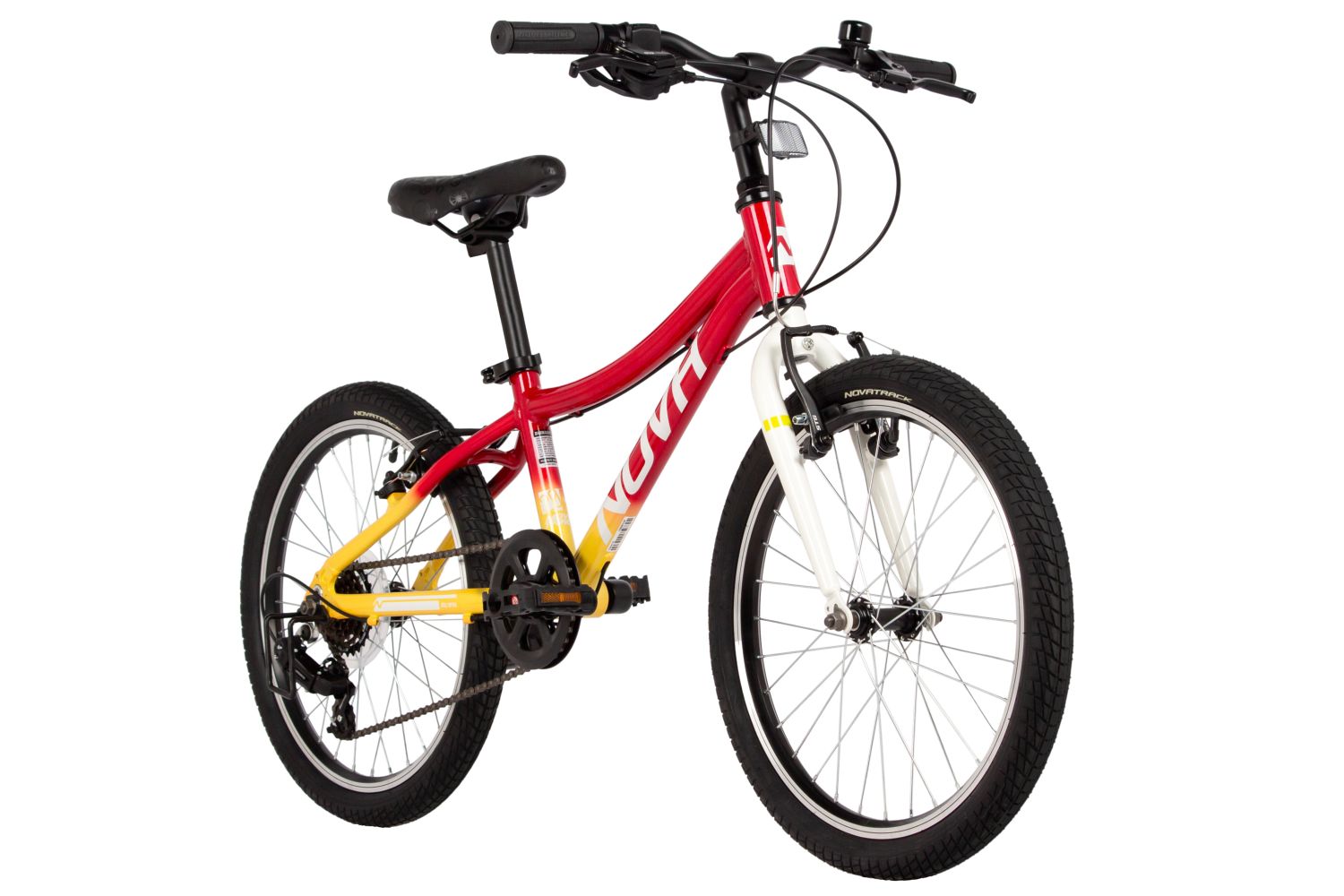 Велосипед NOVATRACK 20" KATRINA, алюм.рама, жёлтый-красный, 6-скор, TY21/TS38, V-brake