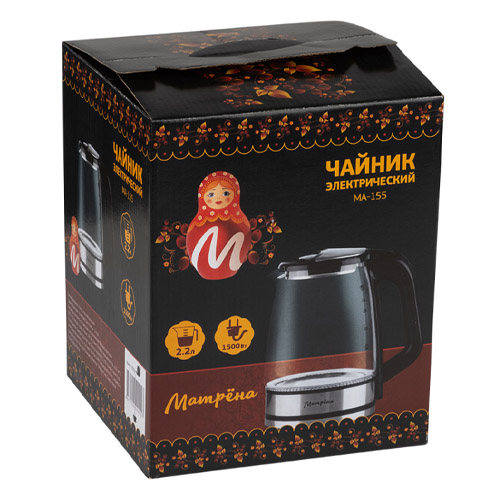 Чайник МАТРЁНА MA-155, электрический, 2,2 л, стекло, черный