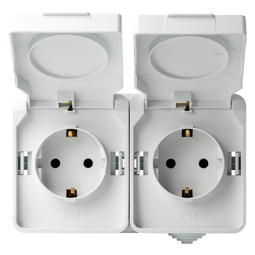 Розетка 2-местная с заземлением 16А с крышкой, IP54, белая, "Сатурн" (SBE-04g-16-S2-Z)