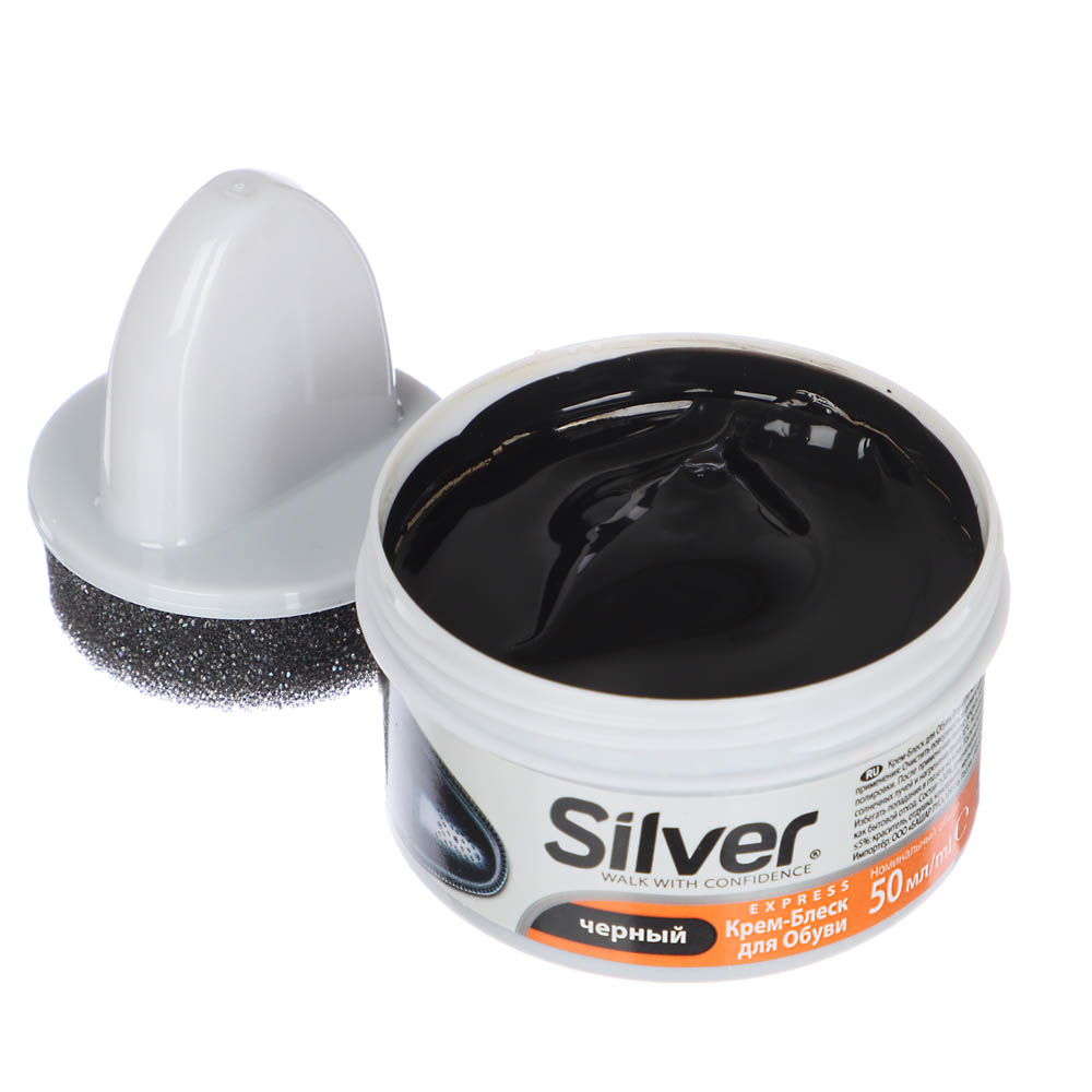 Крем-блеск для обуви, банка с губкой SILVER, 50мл, черный, 3005-01/2005-01