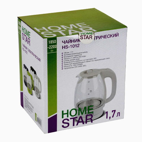 Чайник Homestar HS-1012, 1,7 л, стекло, пластик зеленый