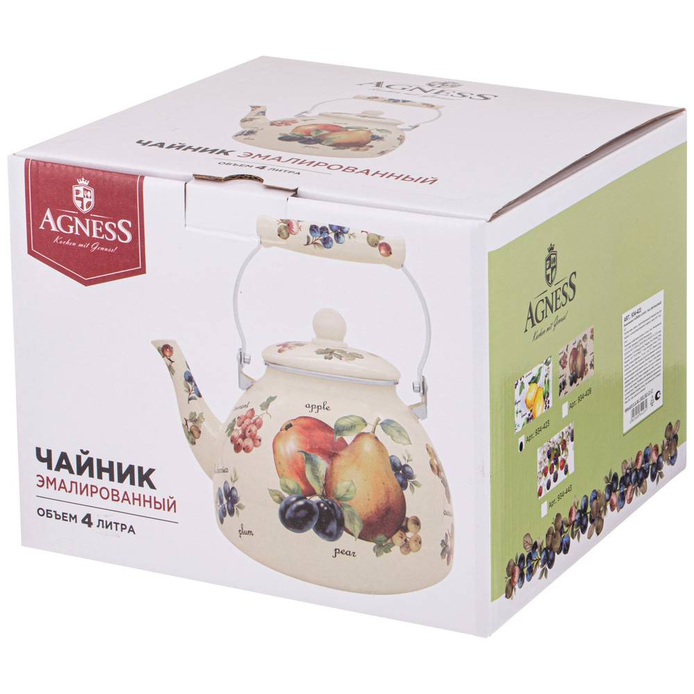 ЧАЙНИК AGNESS ЭМАЛИРОВАННЫЙ СЕРИЯ, ФРУКТЫ, 4 Л