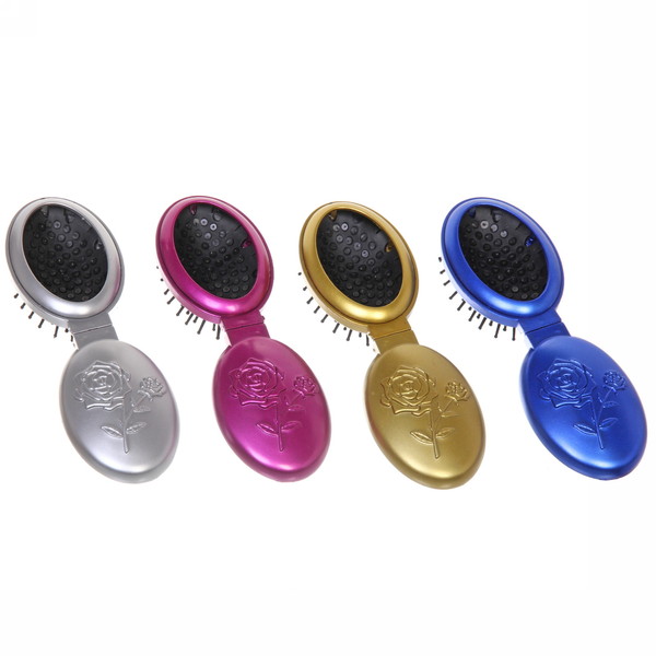 Расческа для волос массажная складная с зеркалом "Beauty Room", овал, узор розочка, микс 4 цвета, 9*5,5см