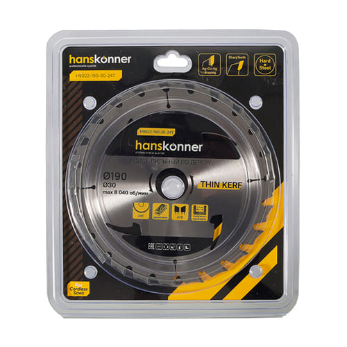 Диск пильный по дереву THIN KERF 190*30мм, Hanskönner H9022-190-30-24T