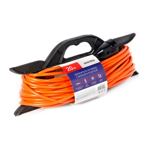 Удлинитель на рамке с вилкой и розеткой 10А, 20 метров 2х1,0 мм², оранж., IP20 (SBE-10-1-20-F)/6