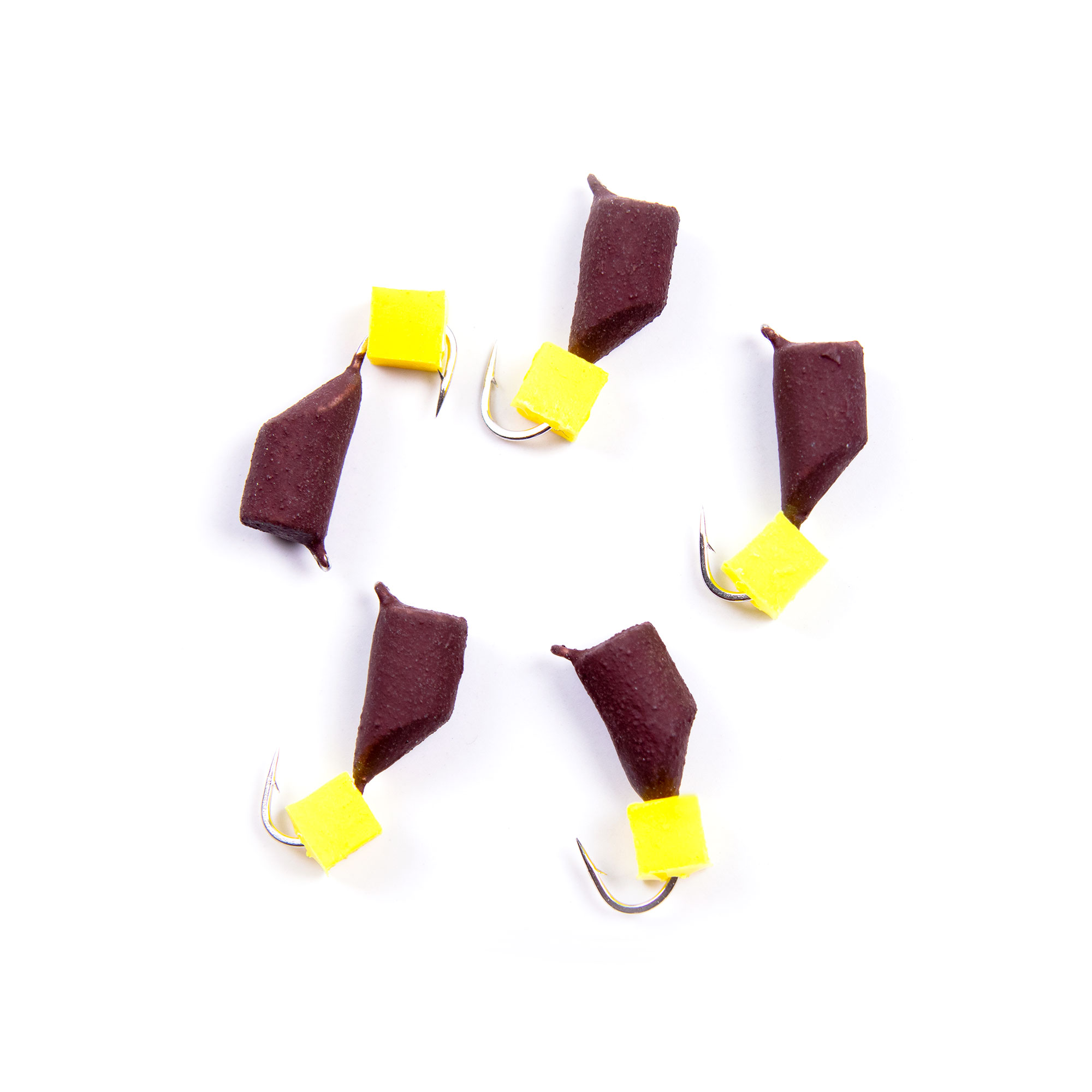 Мормышка безнасад. ЯМАН "Гвоздекубик", матовый шоколад, d-4 мм, вес 1,2 г, ядр.кубик желтый(уп.5 шт)