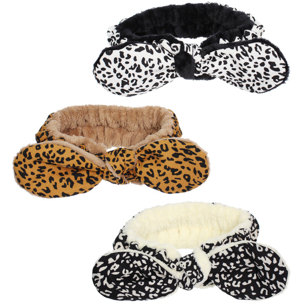 Повязка на голову косметическая "ДАЙМОНД РУШ", леопард, цвет бежевый, черный и коричневый, 20*5.5см (ZIP пакет)