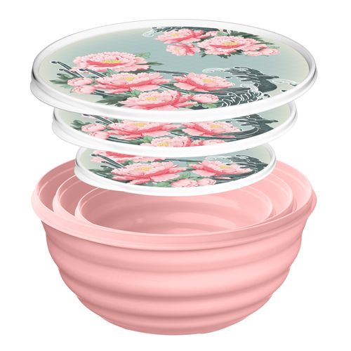 Комплект мисок с крышками Homver Latina 223152508/04, 3 шт 1.1 л, 2.1 л, 3.2 л с декором Сад пионов, розовый