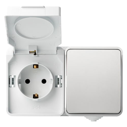 Блок розетка выключатель, IP54, белый, "Сатурн" (SBE-04g-16-SWS)