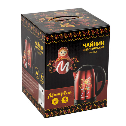 Чайник МАТРЁНА MA-005, электрический, 2,0 л, стальной, красный хохлома