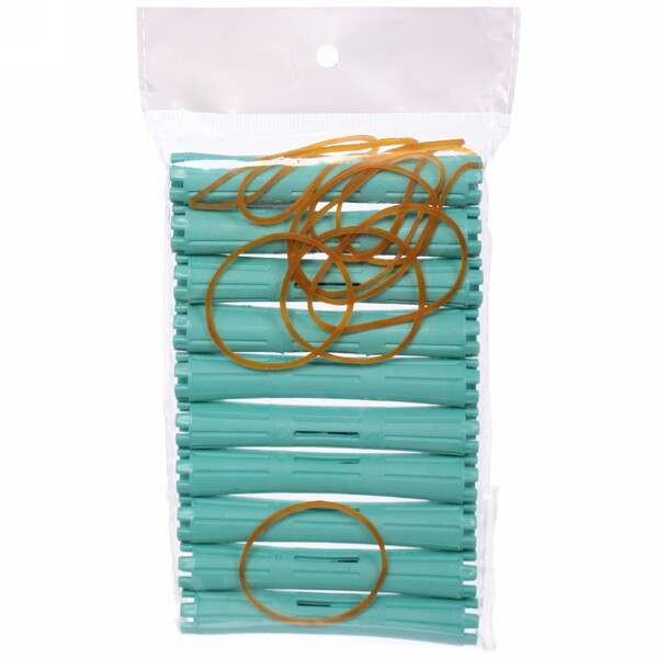 Бигуди пластмассовые-коклюшки с резинками 10шт d-1.4см "KUDRI", цвет мятный, (прозрачный пакет с подвесом)