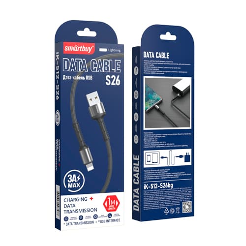 Кабель для зарядки и передачи данных S26 Lightning, 3 А, PD, нейлоновый, 1 м, Smartbuy, iK-512-S26bg, черный серый