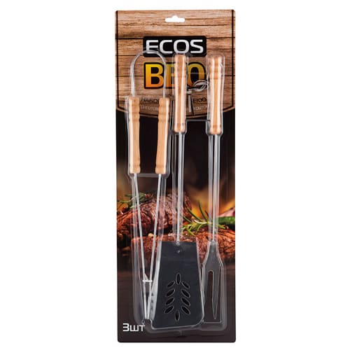 Набор для барбекю ECOS N-1095 ( щипцы 39 см, вилка 39 см, лопатка 39 см, нержавеющая сталь, дерево)