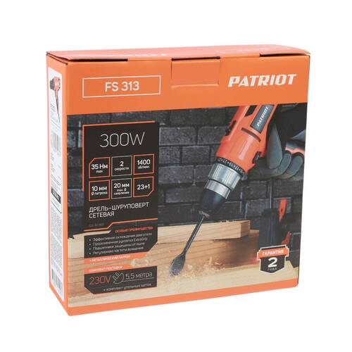 Дрель-шуруповерт сетевая PATRIOT FS 313, 2 скорости, 300 Вт