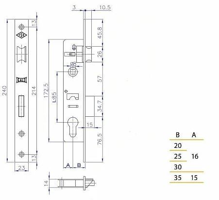 KALE 153  35mm W/B никель б/о, б/н, б/мех.секр. м/о 85мм Замок врезной б/руч (30)