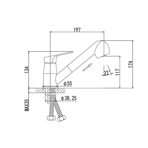 яяяСмеситель для кухни DIKALAN D6059 Выдвигающийся излив;Картридж керамический 40мм; Крепление - шпилька (1/12)