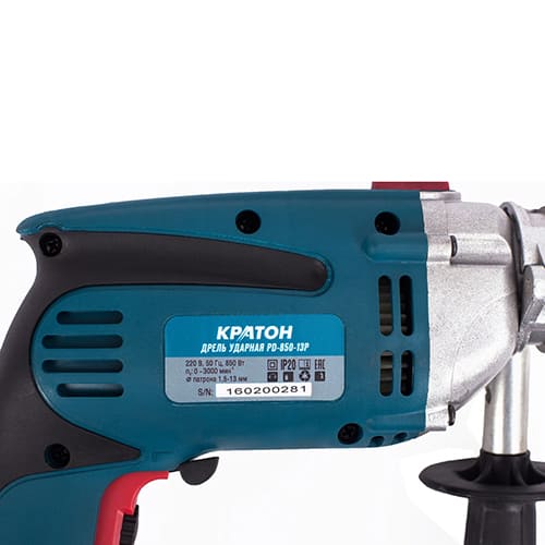 Дрель ударная Кратон PD-850-13P, патрон 1,5-13 мм, доп. рукоятка, 850 Вт