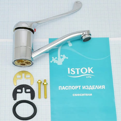 яяяСмеситель для раковины ISTOK LIFE с хирургической ручкой, излив 150 мм 0402.975 (1/10)