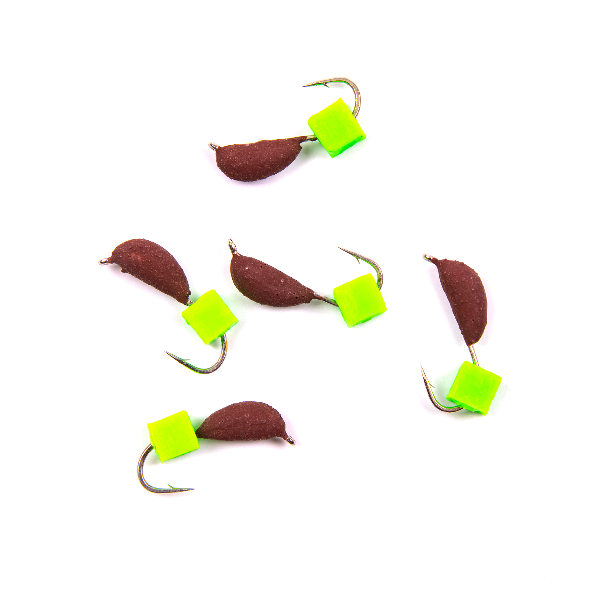 Мормышка безнасад. ЯМАН "Банан" матовый шоколад, d-3 мм, вес 0,5 г, ядреный кубик зеленый (уп.5 шт)