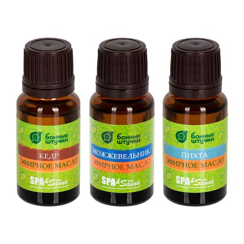 Набор эфирных масел Банные штучки "Билет в баню" 3 масла по 15 мл в деревянной коробочке, пихта, кедр, можжевельник, мочало лыко