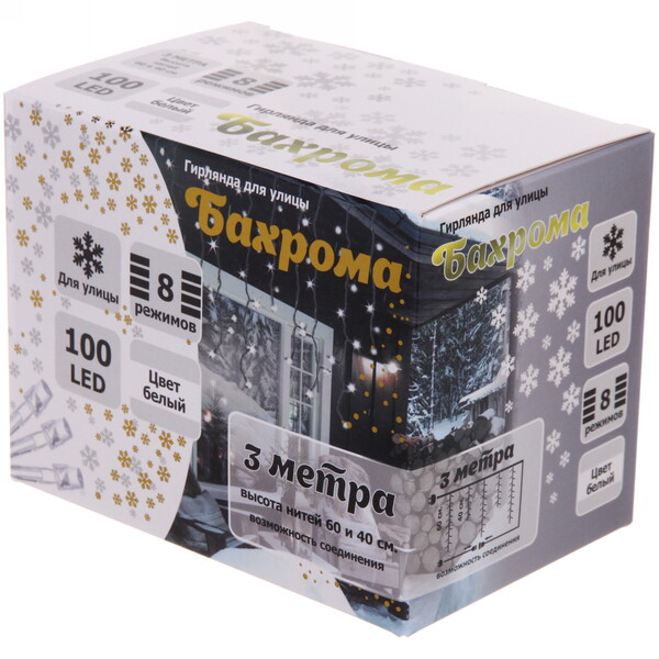 Гирлянда для улицы БАХРОМА ш3м* в40/60см 100 ламп LED, прозр. провод, 8 реж, IP-54, Белый (возможность соединения)