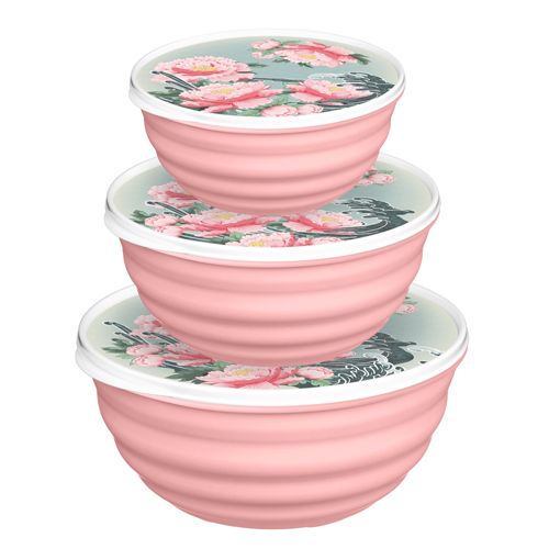 Комплект мисок с крышками Homver Latina 223152508/04, 3 шт 1.1 л, 2.1 л, 3.2 л с декором Сад пионов, розовый
