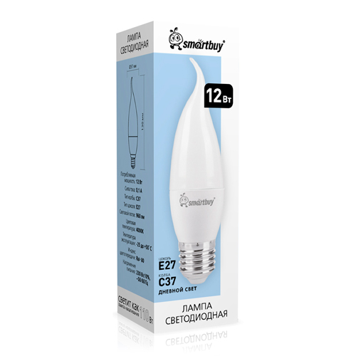 Светодиодная (LED) Свеча на ветру матовая Лампа Smartbuy-C37-12W/4000/E27 (SBL-C37Can-12-40K-E27)