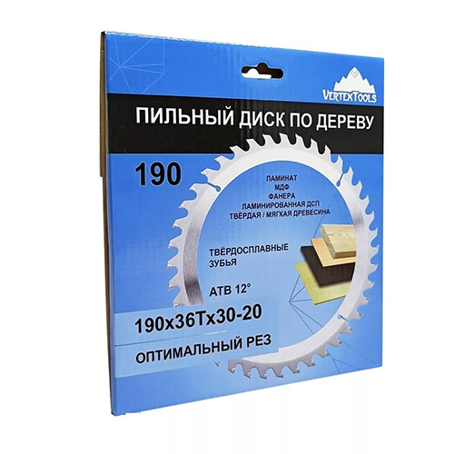 Диск пильный  по дереву, 190х36Тх30-20 vertextools 190-36-30