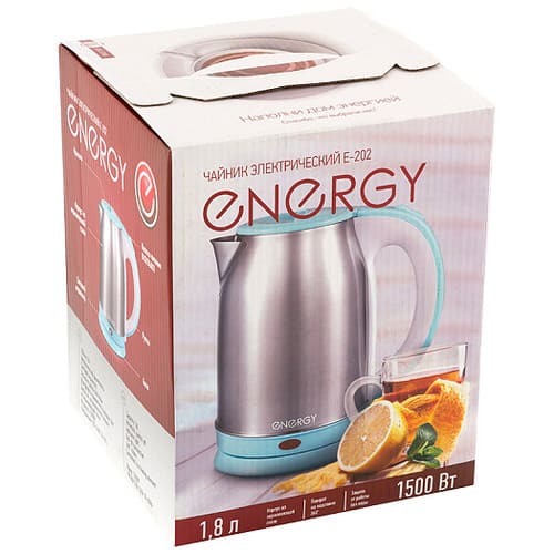 Чайник ENERGY E-202 (1,8 л, диск) стальной бело-голубой