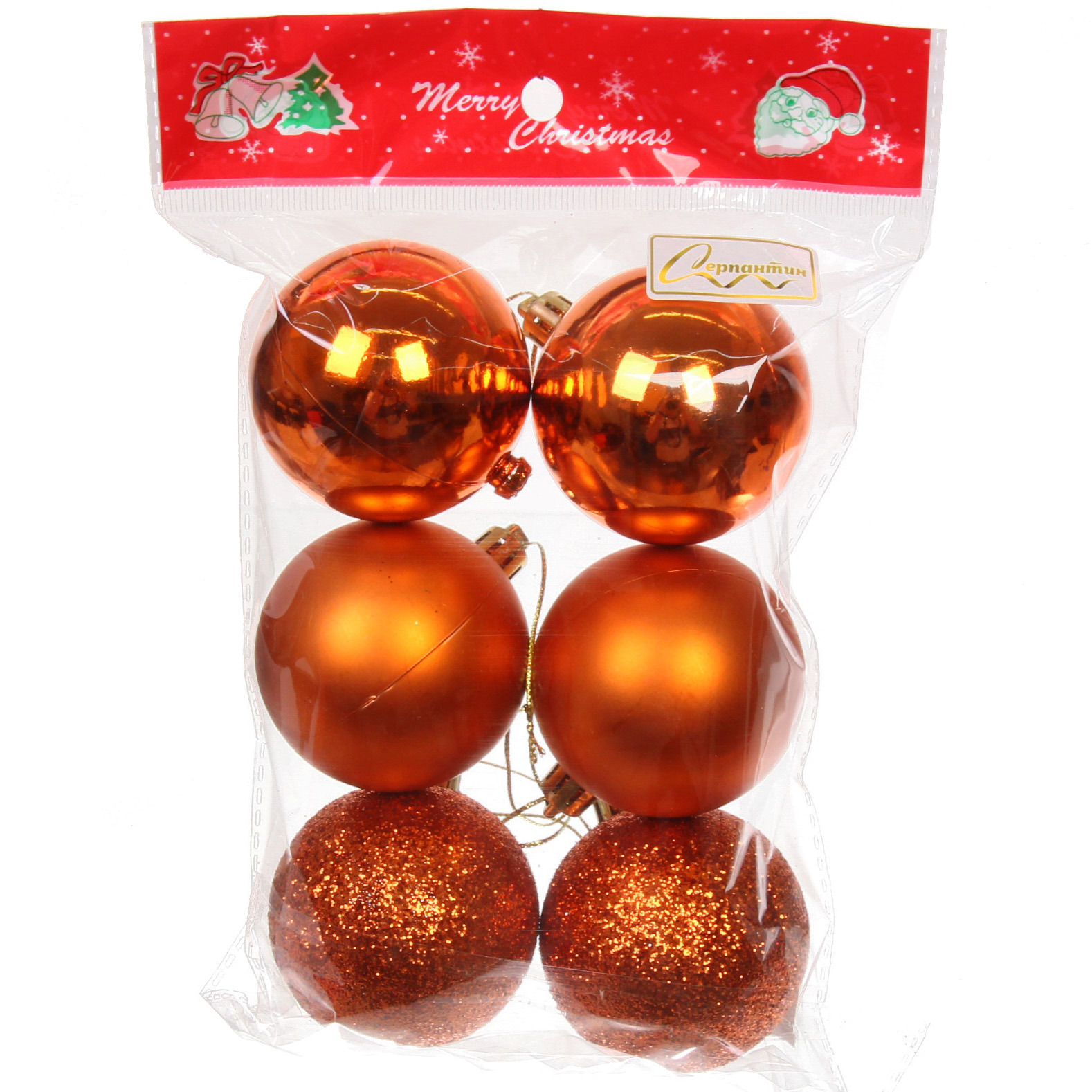 Новогодние шары 6 см (набор 6 шт) "Микс фактур", Янтарь (пакет)