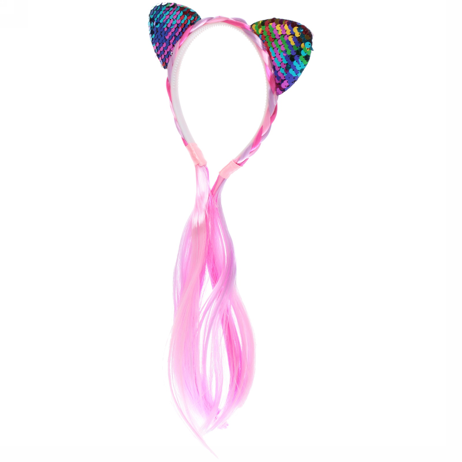 Ободок карнавальный с косой "Радужная кошка" 40 см, микс