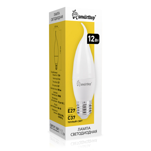 Светодиодная (LED) Свеча на ветру матовая Лампа Smartbuy-C37-12W/3000/E27 (SBL-C37Can-12-30K-E27)