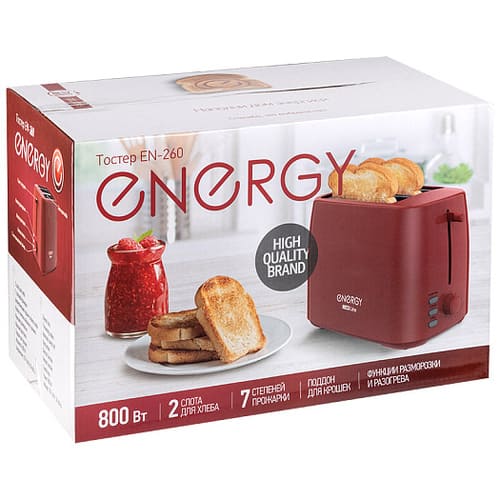 Тостер Energy EN-260, 6 степеней прожарки, поддон для крошек, 800 Вт, красный