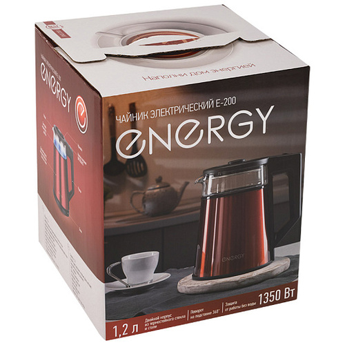 Чайник Energy E-200, 1,2 л, стекло, двойной корпус, красный